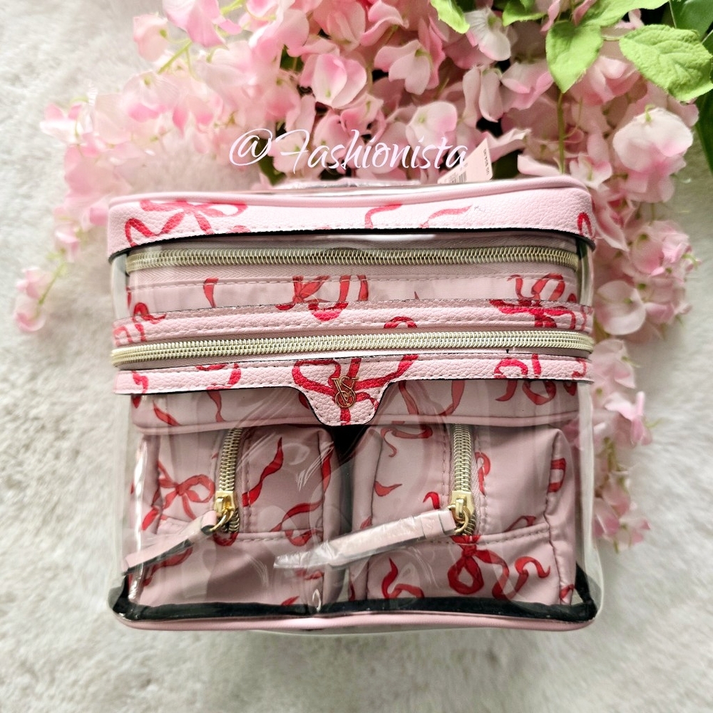 NEW Victoria's Secret Vanity 4-in-1 Travel cosmetic set in pink with red bows